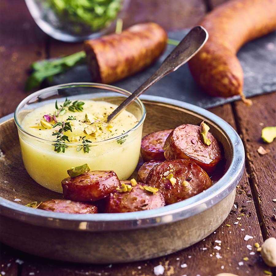 Recette Saucisses de Montbéliard à la pistache et purée de panais Saucisse de Montbéliard